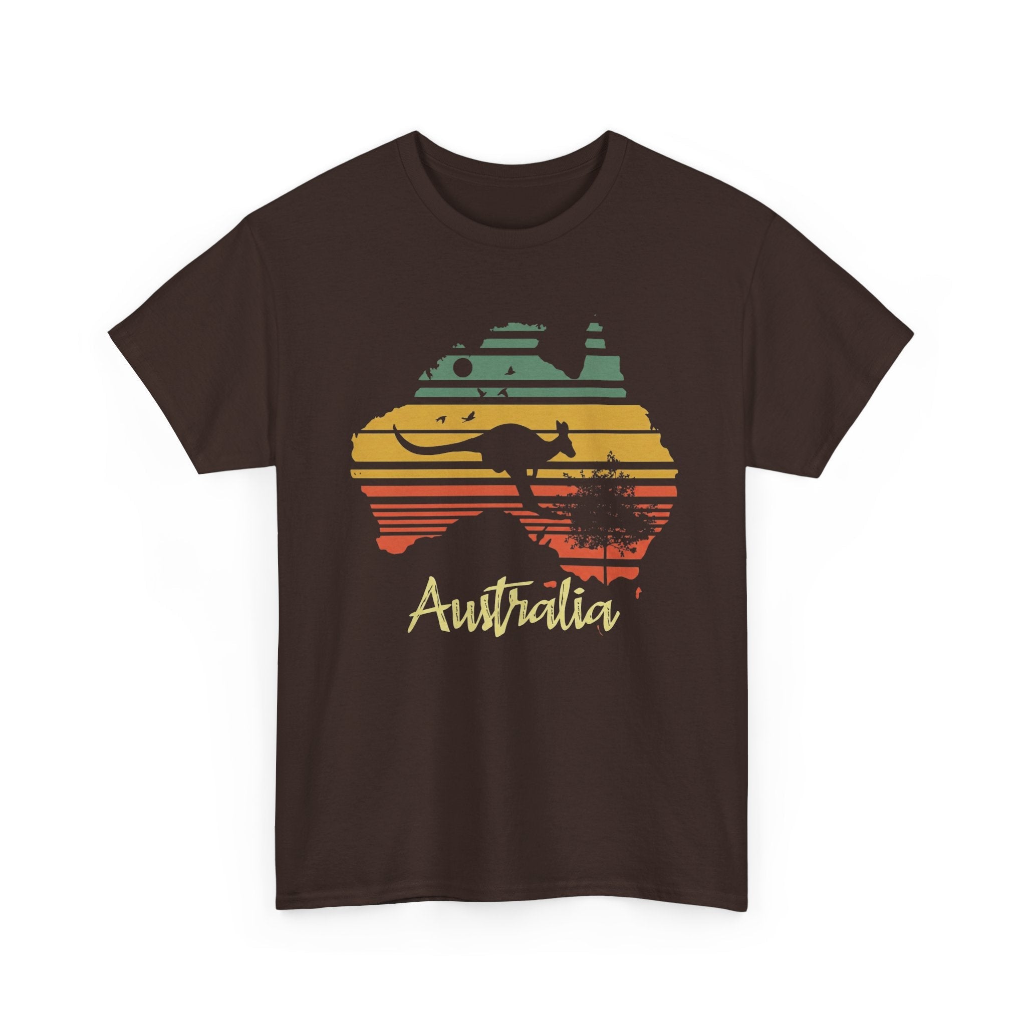 Australia Day Retro Sunset T‑Shirt — Kangaroo Silhouette Vintage Map Tee - BrownBubble
