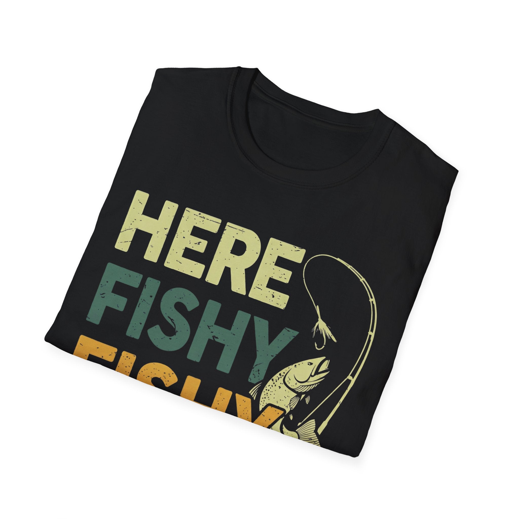 Here Fishy Fishing Shirt Bass Fish Dad Gift Funny Fisherman T-Shirt - BrownBubble