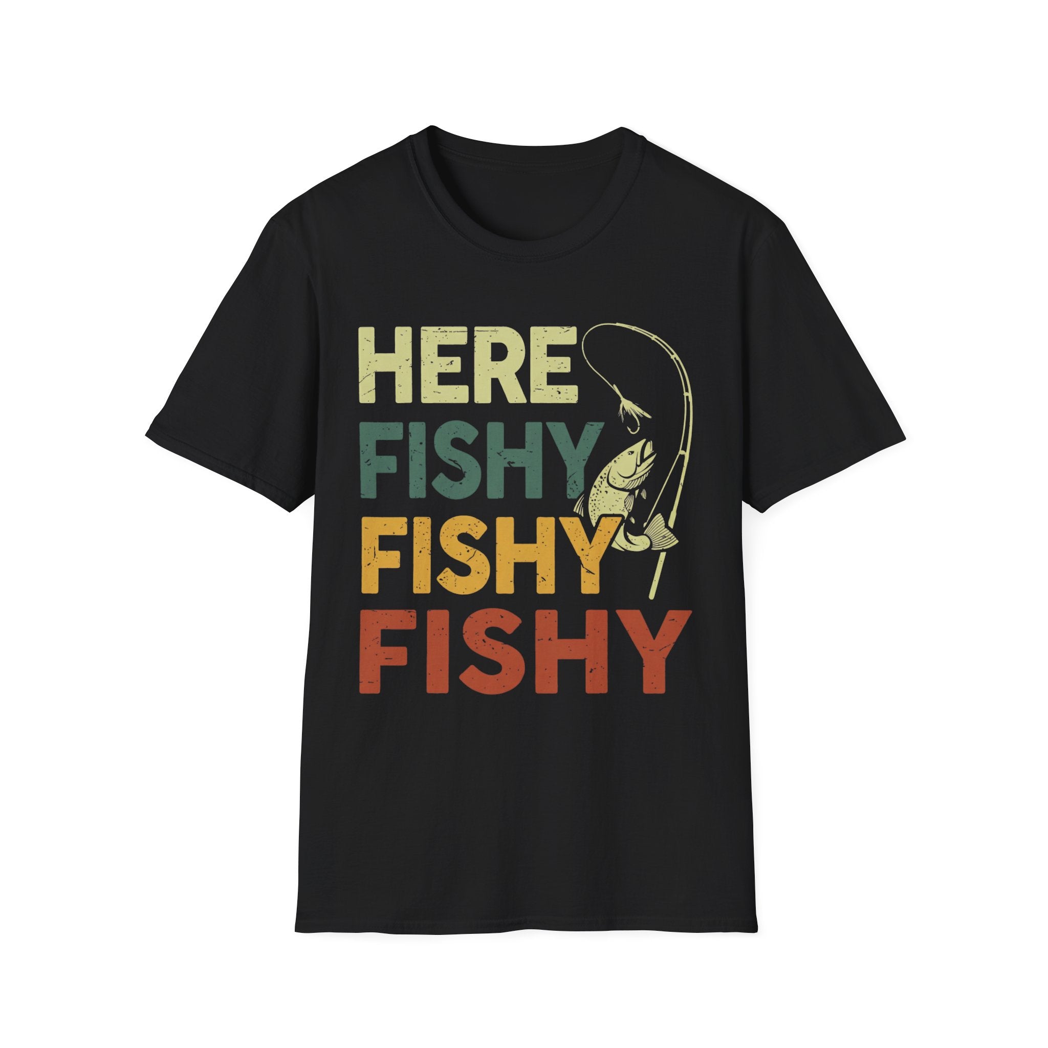 Here Fishy Fishing Shirt Bass Fish Dad Gift Funny Fisherman T-Shirt - BrownBubble