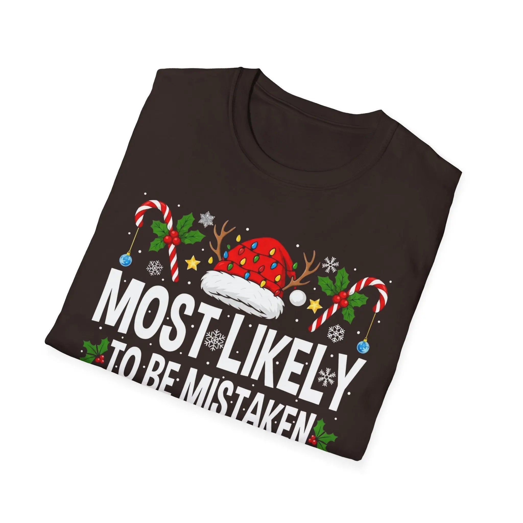 Most Likely To Be Mistaken As An Elf Shirt – Funny Matching Family Christmas Tee for Short People – Soft Cotton Holiday Party Top - BrownBubble